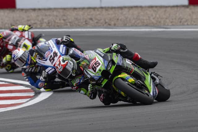 Jonathan Rea finished third at Donington Park in the Superpole race on Sunday. Graeme Brown/GeeBee Images
