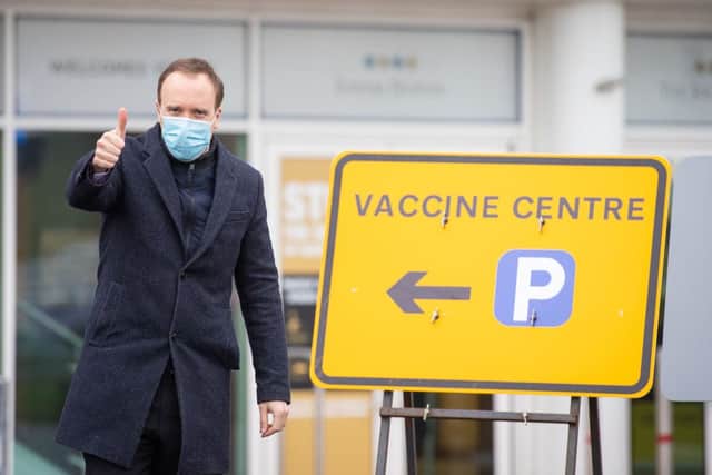 Health Secretary Matt Hancock visits the NHS vaccine centre that has been set up in the grounds of the horse racing course at Epsom (Photo: Getty Images)