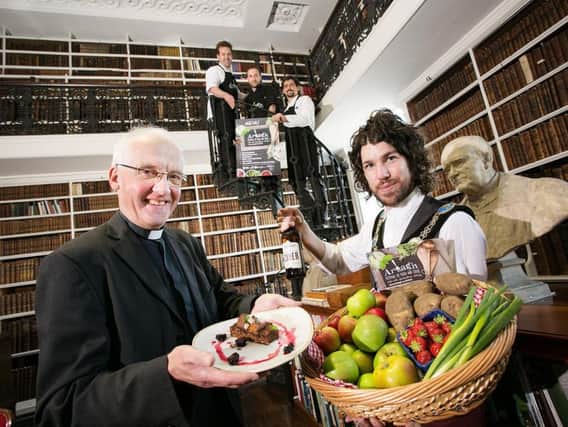 Launching the festival at the Armagh Public Library are chefs Gareth Reid (4 Vicars), Mark McGonigle (Uluru) and Sean Farnan (Moody Boar) with the Very Rev Gregory Dunstan, Dean of St Patrick's Cathedral and Cllr Garath Keating, Lord Mayor of Armagh City, Banbridge and Craigavon.