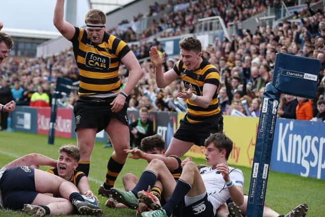RBAI's Rhys O'Donnell scores the opening try against  Methodist College during the St Patrick's Day Danske Bank Ulster School's Cup Final at Kingspan Stadium, Ravenhill.