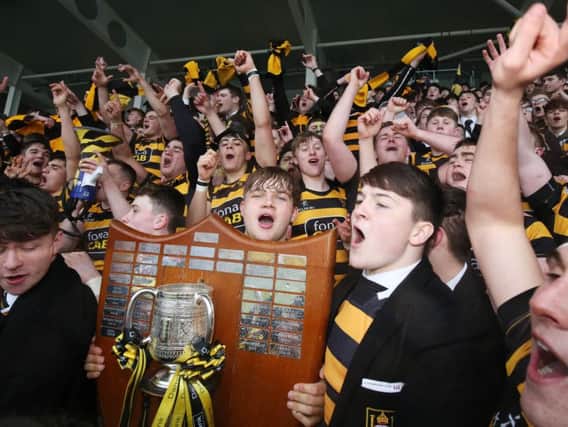 RBAI players and supporters celebrate the Schools' Cup victory at Kingspan Stadium.