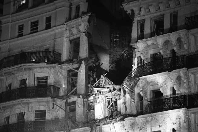 File photo dated 12/10/84 of the scene after an IRA exploded a bomb at the Grand Hotel in Brighton where most of the British Cabinet are staying for the Conservative Party Conference. Former Tory Cabinet minister Lord Tebbit has said he hopes Martin McGuinness is "parked in a particularly hot and unpleasant corner of hell for the rest of eternity".