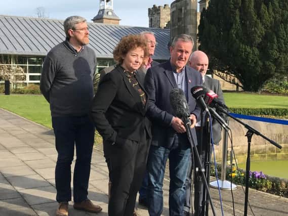 Sinn Fein negotiator Conor Murphy speaks to the media