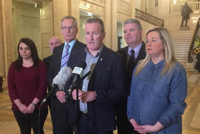 Sinn Fein MLA Conor Murphy (centre) speaking in Great Hall of Parliament Buildings