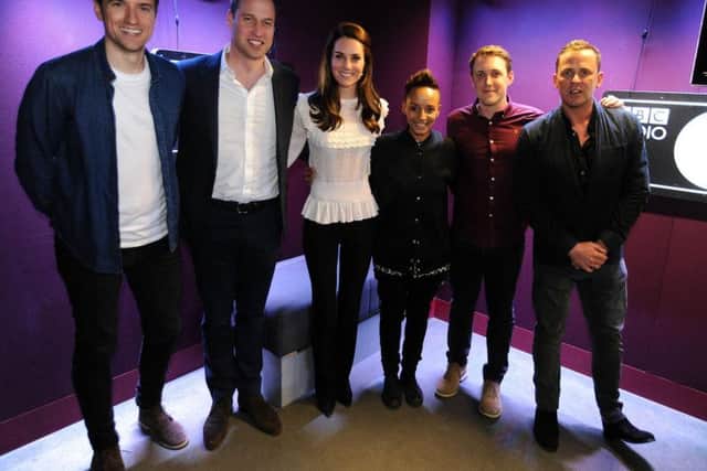 (left to right) Greg James, the Duke and Duchess of Cambridge, Adele Roberts, Chris Stark and Scott Mills during a visit to BBC Radio 1 where the royal couple promoted their Heads Together mental health campaign.