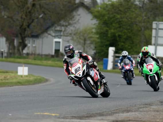 Derek Sheils leads Derek McGee and William Dunlop in the first Superbike race at the Tandragee 100 on Saturday.