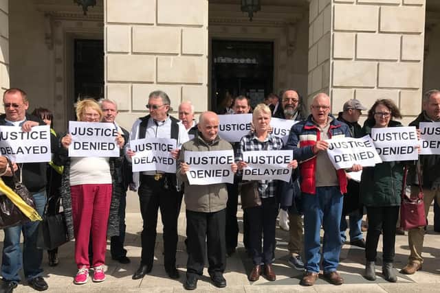 Victims of institutional child abuse protest at Stormont Castle, after warring politicians failed to deliver a promised apology and financial redress.