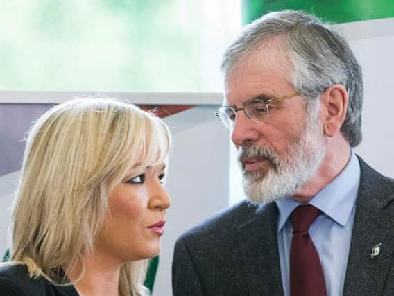 inn Fein's Northern Ireland leader Michelle O'Neill with party leader Gerry Adams during the launch of the Sinn Fein 2017 Westminster Manifesto at the Junction in Dungannon, Co Tyrone