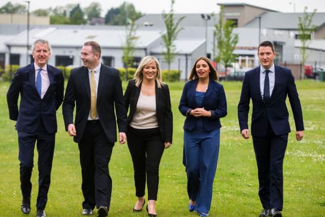 Sinn Fein candidate for the Westminster 2017 Election (from the left) Mairtin O Muilleoir for Belfast South, Chris Hazard for South Down, party leader in the North Michelle O'Neill, Elisha McCallion candidate for Foyle, and John Finucane for Belfast North