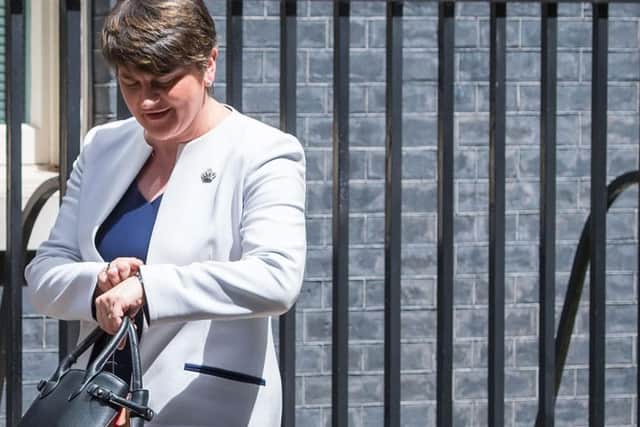 DUP leader Arlene Foster arriving at 10 Downing Street in London for talks on a deal to prop up a Tory minority administration.