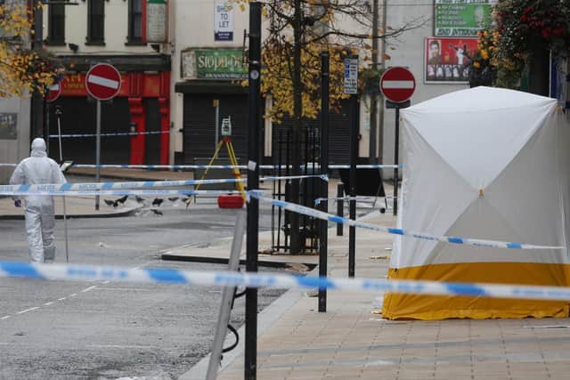A forensic officer pictured close to the exact spot in Londonderry city centre where 19 year-old Jordan McConomy was fatally assaulted on Sunday. (Photo: Presseye)
