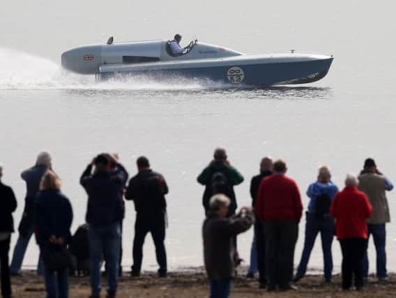 Sir Malcolm Campbell's hydroplane powerboat Bluebird K3 during a test run on Bewl water in Kent