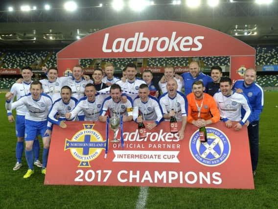 Limavady United celebrate winning the 2017 Intermediate Cup at Windsor Park