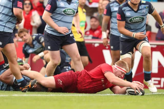 Munster's John Ryan scores a try against Cardiff Blues