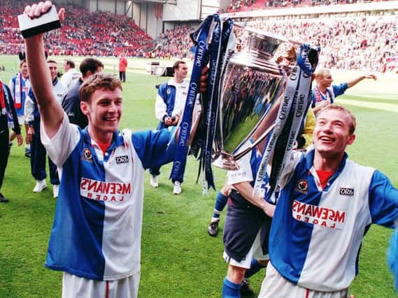 Chris Sutton and Alan Shearer celebrate Blackburn's Premier League title success in 1995