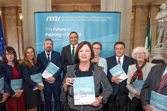Undated handout photo issued by Commission on the Future of Policing in Ireland of Commission chair Kathleen OToole, with members of the Commission, at the launch of their report of the Future of Policing in Ireland, City Hall, Dublin