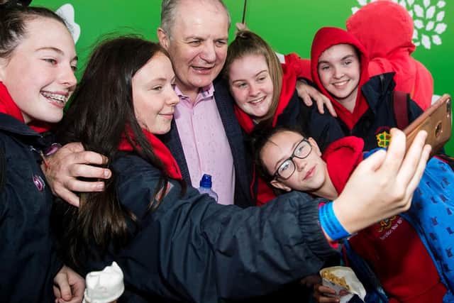 Irish Presidential candidate Gavin Duffy poses for a selfie with students from Loreto College Swords, Dublin during the Irish 2018 National Ploughing Championship in Tullamore, Co. Offaly, Ireland