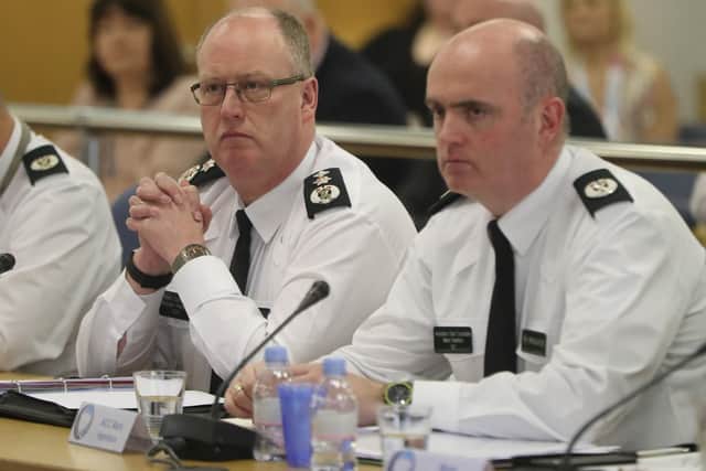 Chief Constable George Hamilton and Assistant Chief Constable Mark Hamilton at the first meeting of the Northern Ireland Policing Board in two years in Belfast