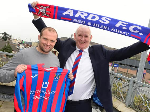 Warren Feeney pictured with Chairman Brian Adams after the press conference in the Strangford Arms in Ards where the announcement was made. Picture By: Pacemaker Press.
