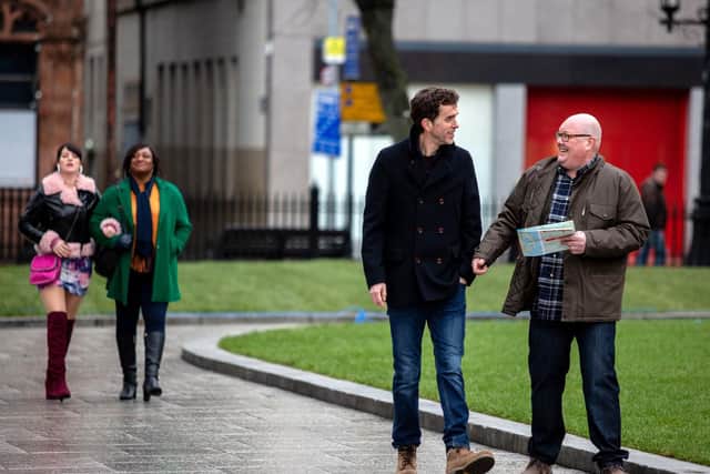 Kerry Wyatt [LAURA NORTON], Jesse Dingle [SANDRA MARVIN], Marlon Dingle [MARK CHARNOCK] and Paddy Kirk [DOMINIC BRUNT] arrive in Belfast.