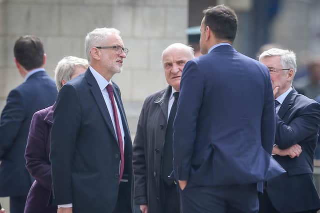 Labour party leader, Jeremy Corbyn (left) and Taoiseach, Leo Varadkar in conversation before Lyra McKee's funeral.