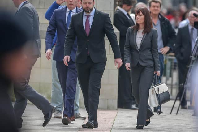 S.D.L.P. leader, Colum Eastwood, arrives at the funeral of Lyra McKee in Belfast.