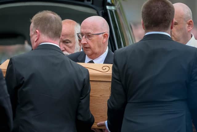 Lyra McKee's coffin arrives at St. Anne's Cathedral in Belfast.