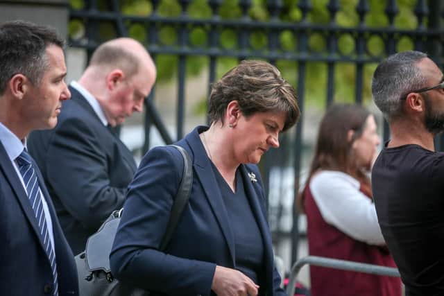 D.U.P. leader and M.L.A., Arlene Foster, arrives at the cathedral.