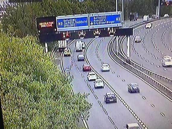 Image from TrafficwatchNI of lorry blocking lane of motorway
