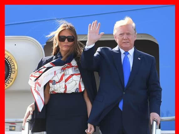 President of the United States of America, Donald Trump and the First Lady, Melania Trump, step out of Airforce One after it touched down at Stansted Airport on Monday morning. (Photo: P.A.)