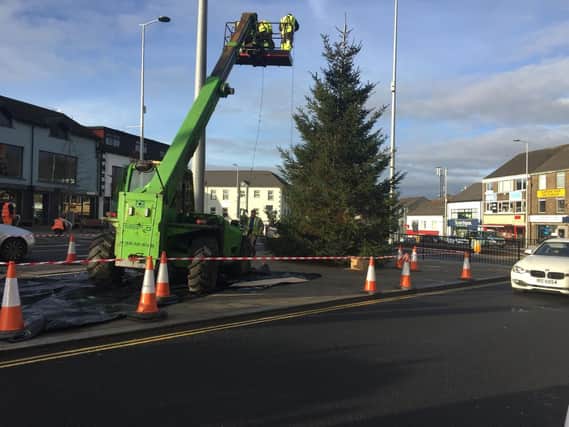 The Christmas tree being erected in Magherafelt in 2016