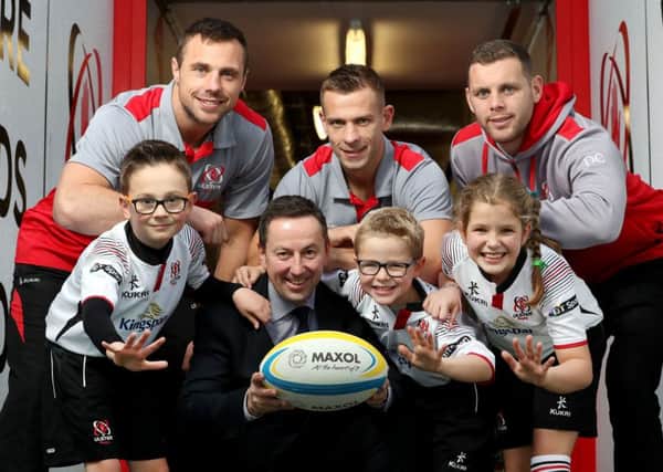 Maxol CEO Brian Donaldson, pictured at the Kingspan stadium with Ulster players Tommy Bowe, Paul Marshall and Darren Cave with aspiring stars Seth Martin (8) and Charlie (7) and Chloe (9) Jennett