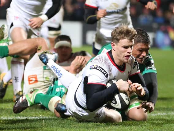 Andrew Trimble goes over for a crucial late Ulster try against Benetton