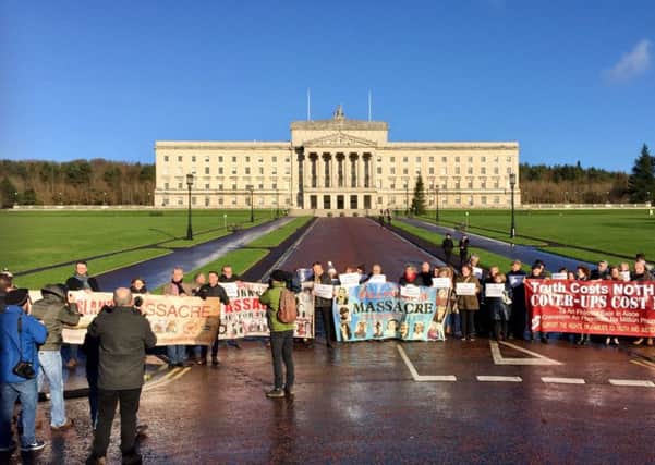 Families of victims and survivors of atrocities in the Troubles protest outside Stormont, Belfast to show their opposition to a proposed statute of limitations for killings in the conflict