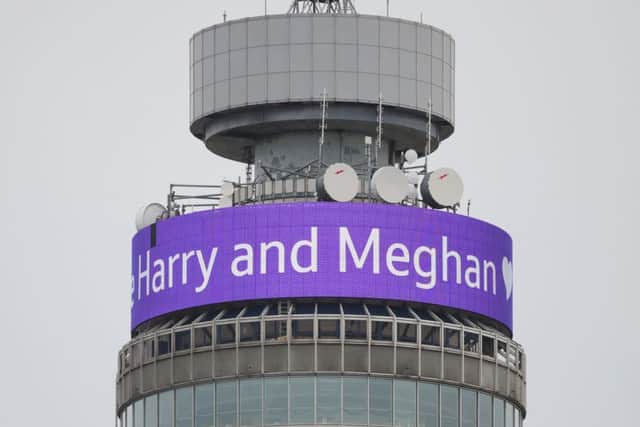 A message displayed on the BT Tower congratulating the engagement of Prince Harry and Meghan Markle in London