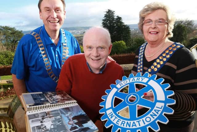 Calling all Polio Survivors to come forward are: District Governor, Garth Arnold, Rotary Ireland, Eddie McCrory, Polio Survivor with Rosemary Simpson, President of  Rotary Cub of Belfast