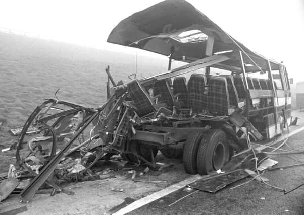 The remains of the coach which was carrying the servicemen and their family members in 1974 on the M62 motorway in England.