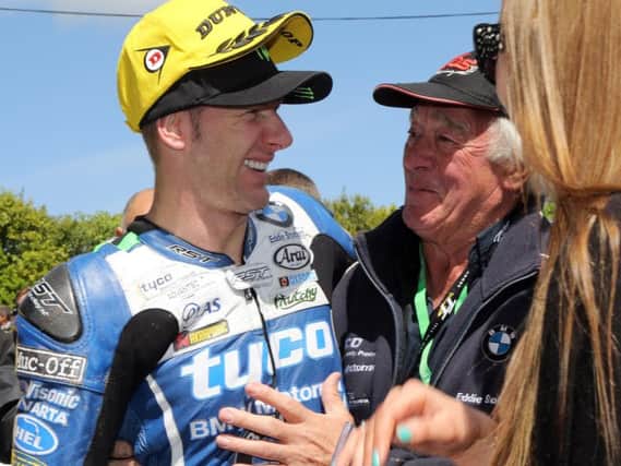 Ian Hutchinson with joint TAS Racing team owner Hector Neill at the Isle of Man TT this year.