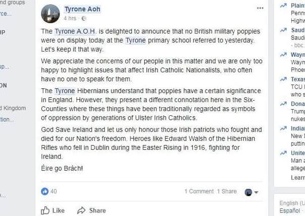 The controversial Tyrone AOH Facebook message posted on November 7 but since deleted