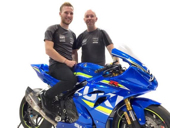 Cookstown B.E. Racing team owner John Burrows with new signing Davey Todd.