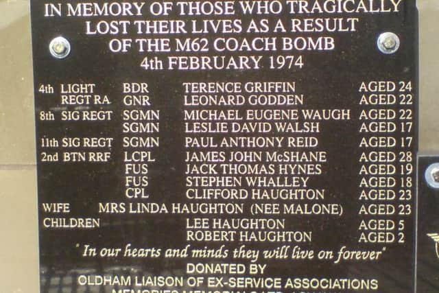 The M62 IRA bombing memorial plaque at a service station near the scene of the atrocity