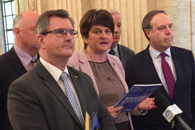 DUP leader Arlene Foster speaks to the media alongside party colleagues at Great Hall Parliament Buildings, Belfast, as Britain and the European Union appear to be moving closer to agreement on the Irish border during Brexit talks