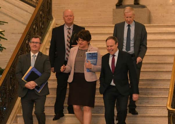 Arlene Foster and four of the DUPs MPs at Stormont yesterday before she denounced the possible Brussels deal