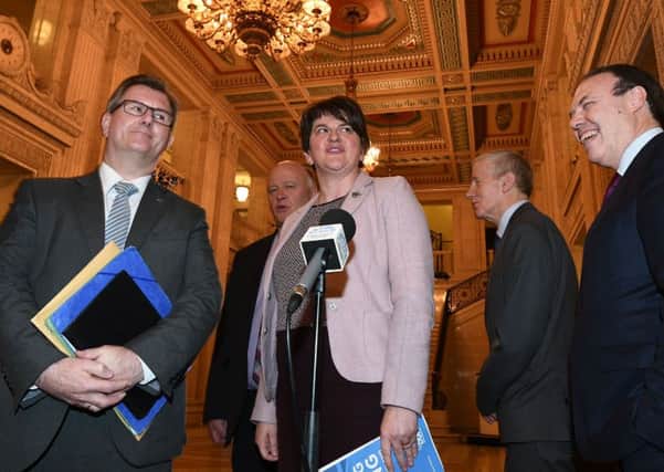 DUP Leader Arlene Foster speaks to the media in the Great Hall, Stormont at on Monday, alongside her MPs Jeffrey Donaldson, Gregory Campbell and Nigel Dodds. 
Pic Colm Lenaghan/Pacemaker