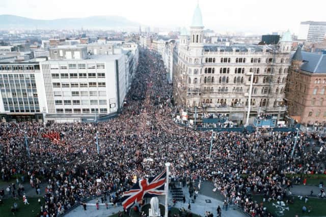 The massive unionist rally at Belfast City Hall against the Anglo-Irish Agreement in 1985. Pic: Pacemaker.