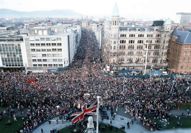 The massive unionist rally at Belfast City Hall against the Anglo-Irish Agreement in 1985. Pic: Pacemaker.
