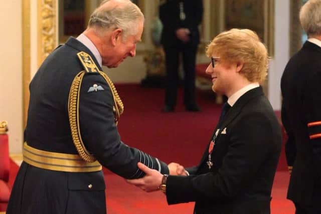 Ed Sheeran from London is made an MBE (Member of the Order of the British Empire) by the Prince of Wales at an Investiture ceremony at Buckingham Palace, London