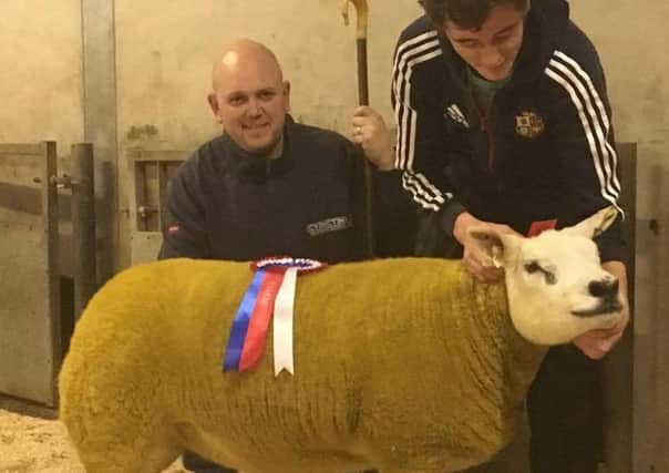 Judge James Adams with his Oldstone Veterinary Champion In-Lamb gimmer exhibited by Jack Gault Cherryvale Texels Newtownabbey at the NI Texel Breeders Club In-lamb female sale held recently in Ballymena Mart.