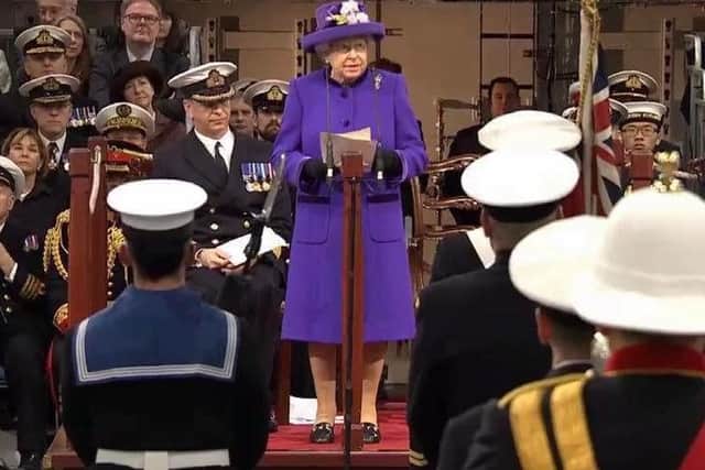 The Queen addresses guests at the ceremony.  INCT 51-724-CON