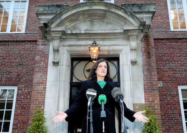 19th December 2014: Then Secretary of State Theresa Villiers talks to press at Stormont house following agreement in the all-party Stormont House talks